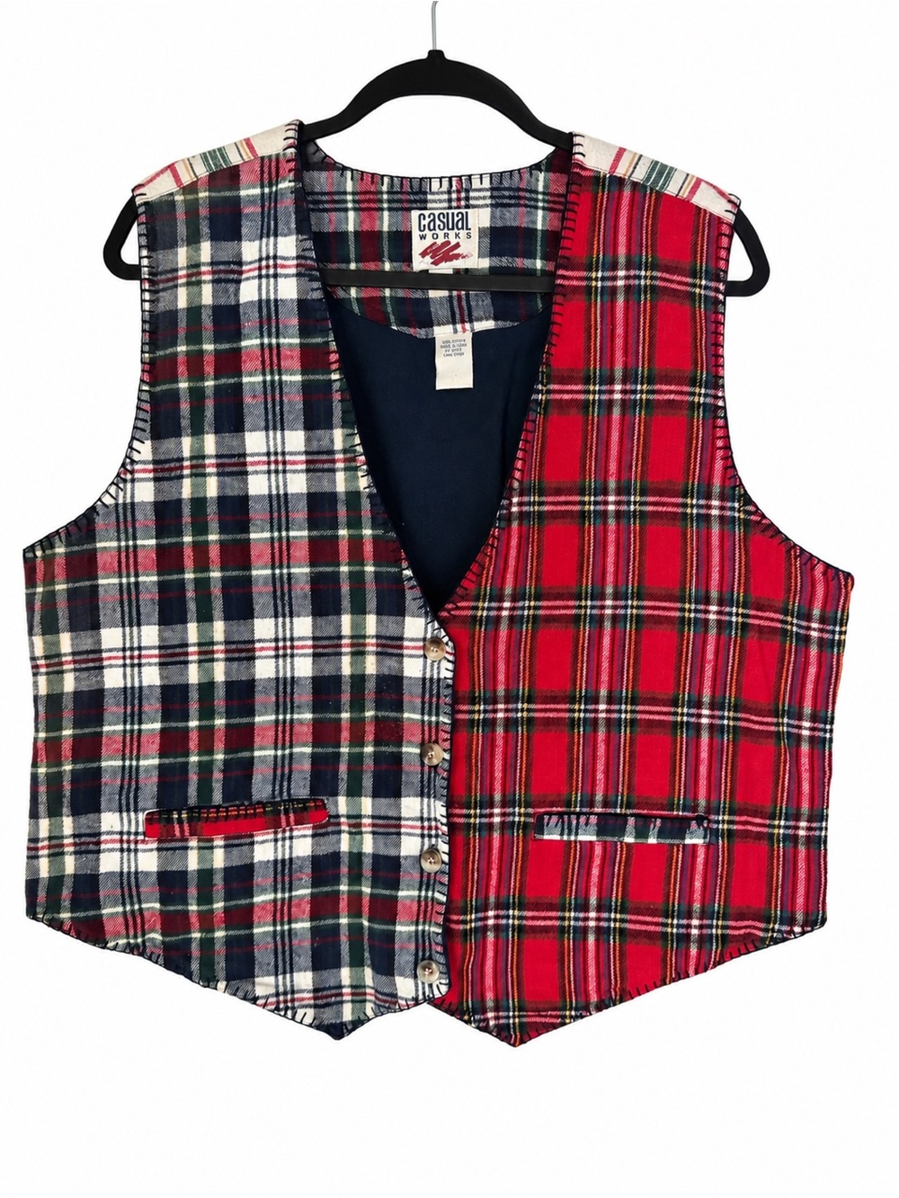 Vintage Casual Works Cotton Plaid Patchwork Vest Red Tartan Pocket 90s Holiday L